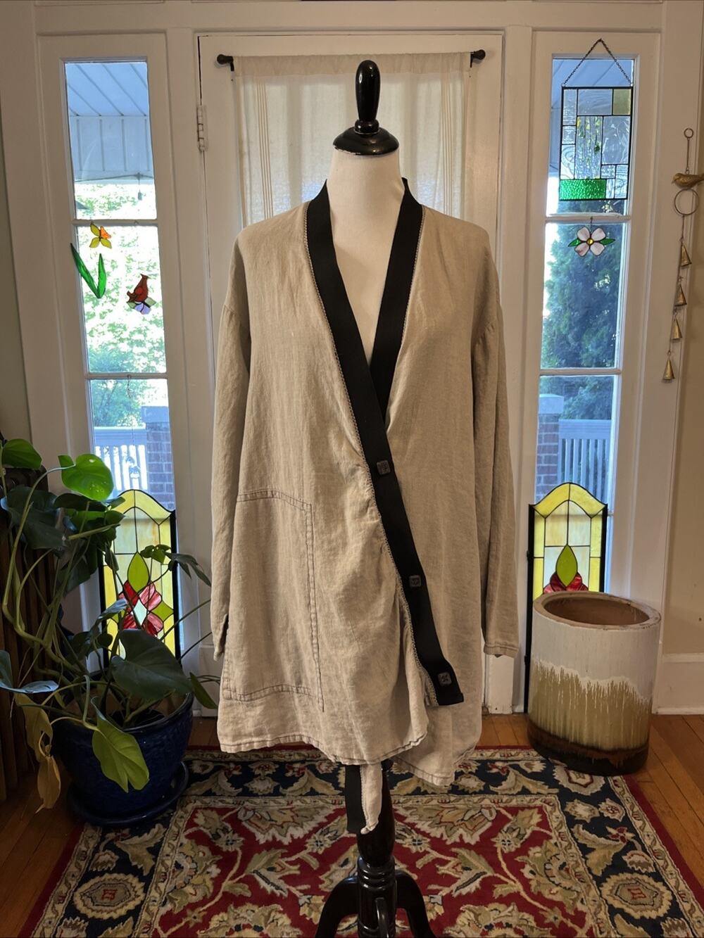 Cynthia Ashby OS Open Drape Button Cardigan Jacket Lagenlook 100% Linen Jacket